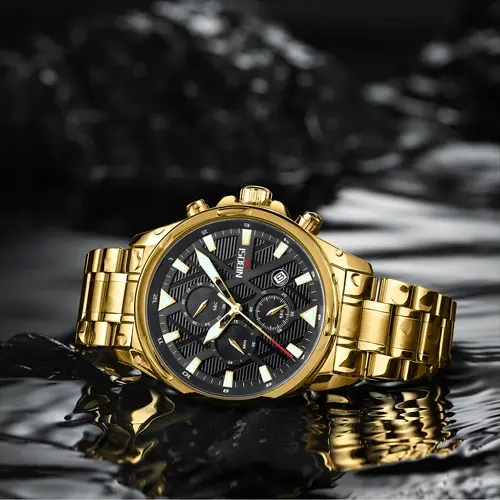 Nibosi 2512 High Quality Stainless Steel & Multifunction Chronograph Men's Watch – Dial Color: Black Gold, Strap Color: Gold – View 5